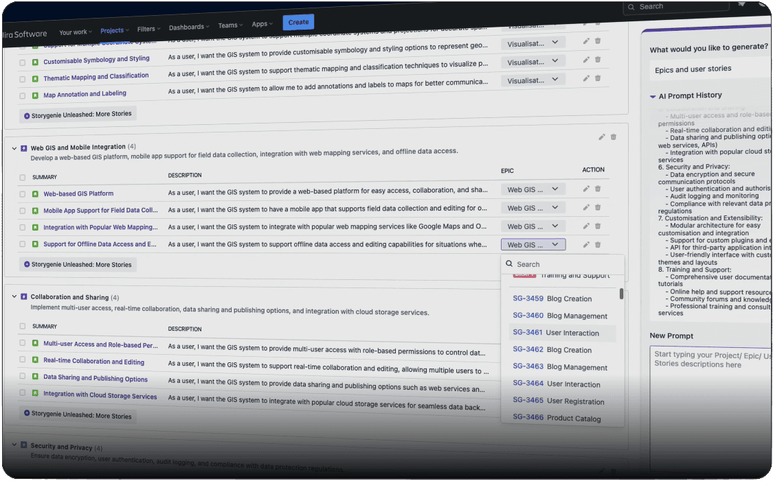 Storygenie interface showcasing AI-generated user stories
